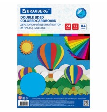 Картон цветной А4 ТОНИРОВАННЫЙ В МАССЕ, 24 листа 12 цветов, 180 г/м2, BRAUBERG, 129309