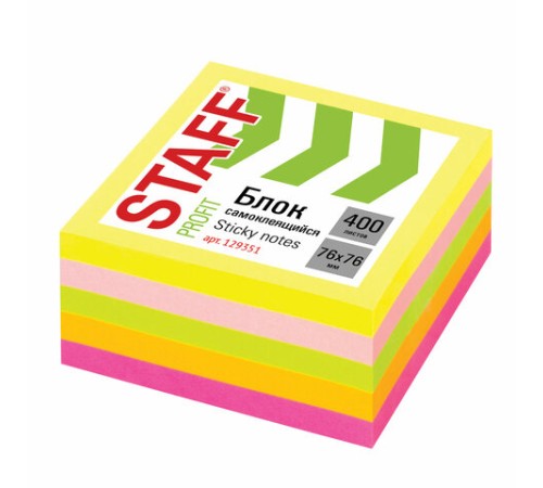 Блок самоклеящийся (стикеры) STAFF НЕОНОВЫЙ, 76х76 мм, 400 листов, 5 цветов, 129351