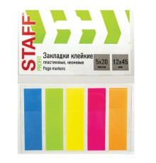 Закладки клейкие неоновые STAFF, 45х12 мм, 100 штук (5 цветов х 20 листов), на пластиковом основании, 129355