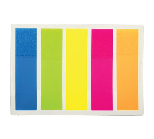Закладки клейкие неоновые STAFF, 45х12 мм, 100 штук (5 цветов х 20 листов), на пластиковом основании, 129355
