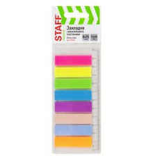 Закладки клейкие неоновые STAFF, 45х12 мм, 200 штук (8 цветов х 25 листов), на пластиковой линейке 12 см, 129356