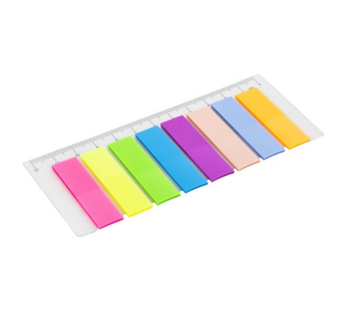 Закладки клейкие неоновые STAFF, 45х12 мм, 200 штук (8 цветов х 25 листов), на пластиковой линейке 12 см, 129356