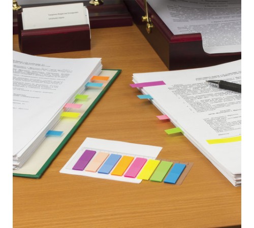 Закладки клейкие неоновые STAFF, 45х12 мм, 200 штук (8 цветов х 25 листов), на пластиковой линейке 12 см, 129356