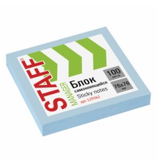 Блок самоклеящийся (стикеры) STAFF, 76х76 мм, 100 листов, голубой, 129362