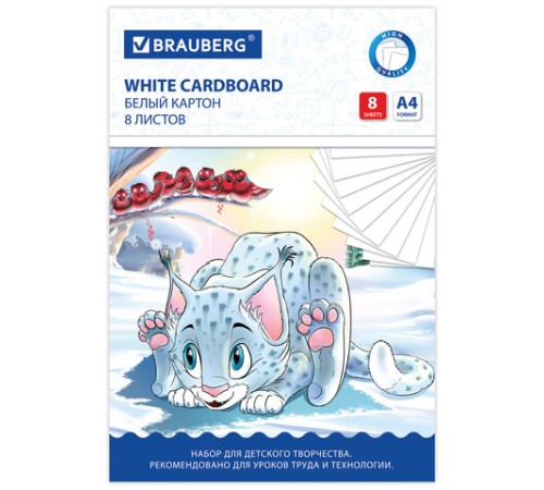 Картон белый А4 немелованный (матовый), 8 листов, в папке, BRAUBERG, 200х290 мм, 