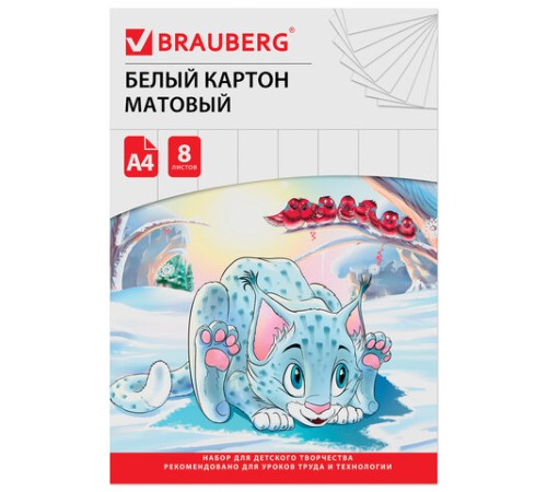 Картон белый А4 немелованный (матовый), 8 листов, в папке, BRAUBERG, 200х290 мм, 