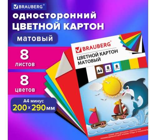 Картон цветной А4 немелованный (матовый), 8 листов 8 цветов, в папке, BRAUBERG, 200х290 мм, 