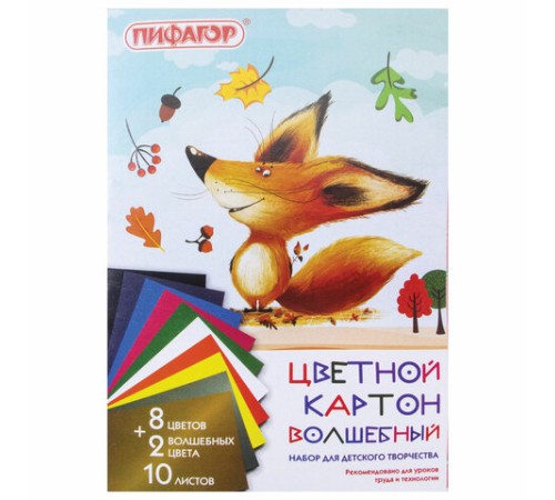 Картон цветной А4 немелованный (матовый), ВОЛШЕБНЫЙ, 10 листов 10 цветов, в папке, ПИФАГОР, 200х290 мм, 