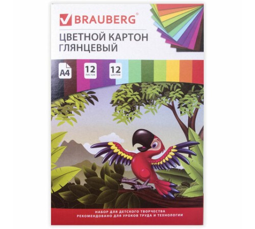 Картон цветной А4 МЕЛОВАННЫЙ (глянцевый), 12 листов 12 цветов, в папке, BRAUBERG, 200х290 мм, 