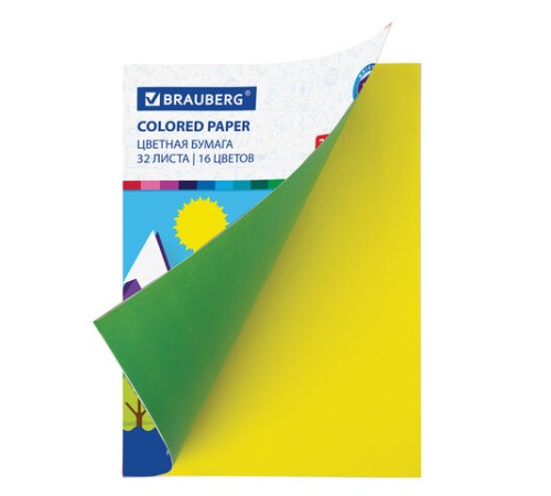 Цветная бумага А4 офсетная, 16 листов 8 цветов, на скобе, BRAUBERG, 200х275 мм, 