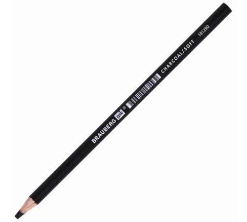 Карандаш (1 штука) угольный BRAUBERG ART CLASSIC, МЯГКИЙ, круглый, корпус черный, заточенный, 181290