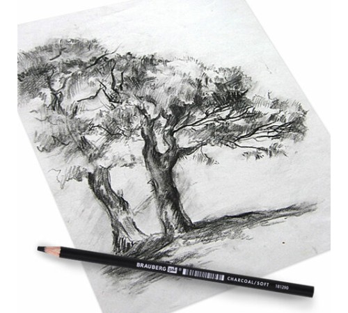 Карандаш (1 штука) угольный BRAUBERG ART CLASSIC, МЯГКИЙ, круглый, корпус черный, заточенный, 181290