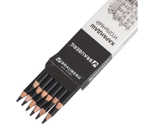 Карандаш (1 штука) угольный BRAUBERG ART CLASSIC, СРЕДНИЙ, круглый, корпус черный, заточенный, 181291