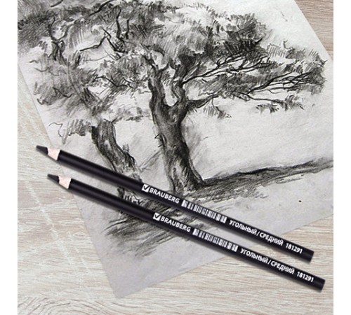 Карандаш (1 штука) угольный BRAUBERG ART CLASSIC, СРЕДНИЙ, круглый, корпус черный, заточенный, 181291