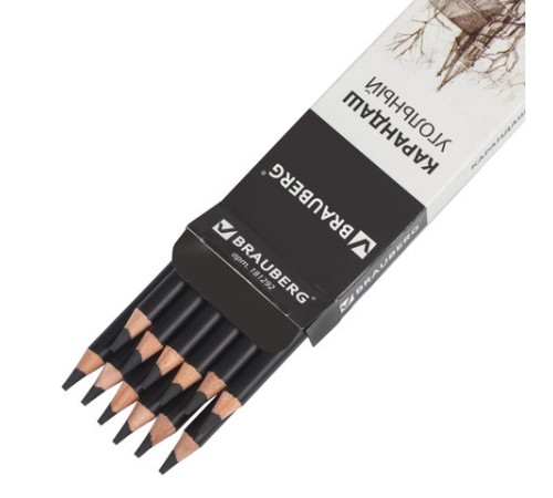 Карандаш (1 штука) угольный BRAUBERG ART CLASSIC, ТВЕРДЫЙ, круглый, корпус черный, заточенный, 181292