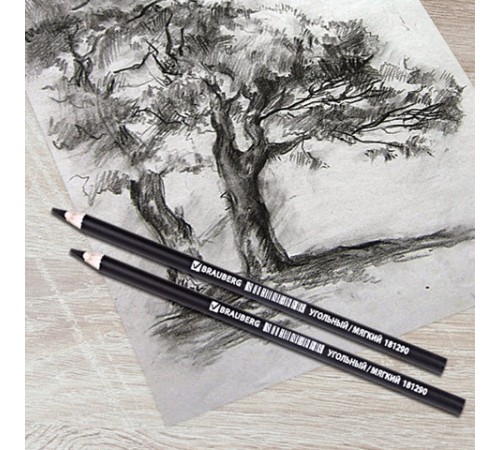 Карандаш (1 штука) угольный BRAUBERG ART CLASSIC, ТВЕРДЫЙ, круглый, корпус черный, заточенный, 181292