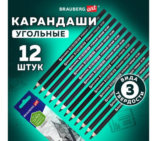 Карандаши (НАБОР 12 штук) угольные BRAUBERG ART CLASSIC, (МЯГКИЙ, СРЕДНИЙ, ТВЕРДЫЙ), 181293