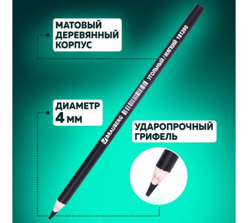Карандаши (НАБОР 12 штук) угольные BRAUBERG ART CLASSIC, (МЯГКИЙ, СРЕДНИЙ, ТВЕРДЫЙ), 181293