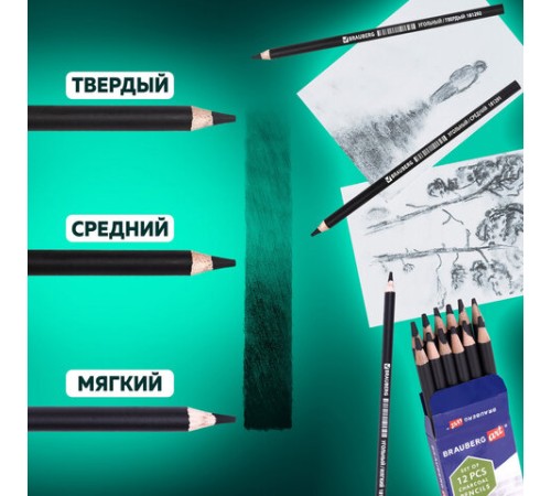 Карандаши (НАБОР 12 штук) угольные BRAUBERG ART CLASSIC, (МЯГКИЙ, СРЕДНИЙ, ТВЕРДЫЙ), 181293