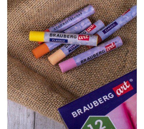 Пастель масляная художественная BRAUBERG ART CLASSIC, УТОЛЩЕННАЯ, 12 цветов, круглое сечение, 181450