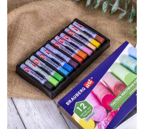 Пастель масляная художественная BRAUBERG ART CLASSIC, УТОЛЩЕННАЯ, 12 цветов, круглое сечение, 181450