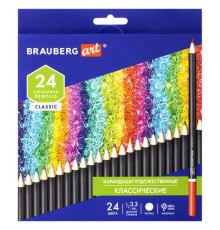 Карандаши художественные цветные BRAUBERG ART CLASSIC, 24 цвета, МЯГКИЙ грифель 3,3 мм, 181537