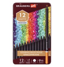 Карандаши художественные цветные BRAUBERG ART PREMIERE, 12 цветов, МЯГКИЙ грифель 4 мм, металл, 181540