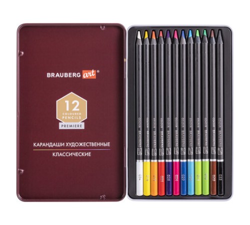 Карандаши художественные цветные BRAUBERG ART PREMIERE, 12 цветов, МЯГКИЙ грифель 4 мм, металл, 181540