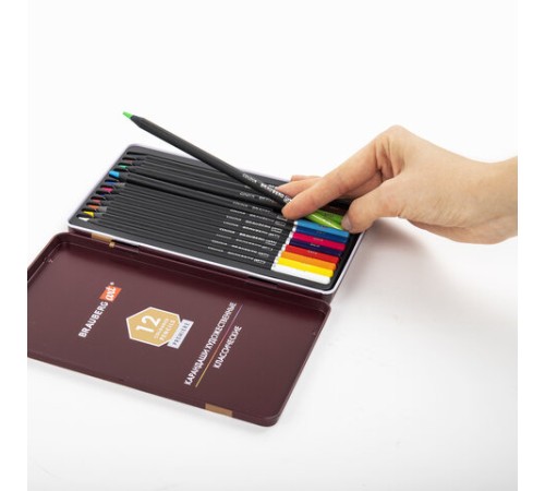 Карандаши художественные цветные BRAUBERG ART PREMIERE, 12 цветов, МЯГКИЙ грифель 4 мм, металл, 181540