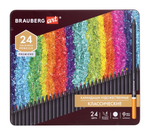 Карандаши цветные художественные BRAUBERG ART PREMIERE, 24 цвета, МЯГКИЙ грифель 4 мм, металл, 181541