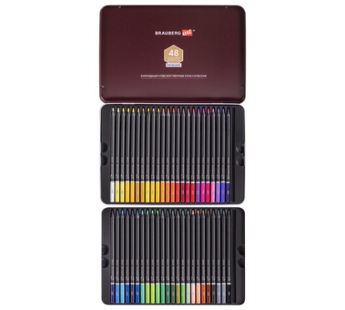 Карандаши цветные художественные BRAUBERG ART PREMIERE, НАБОР 48 цветов, 4 мм, металл кейс, 181694