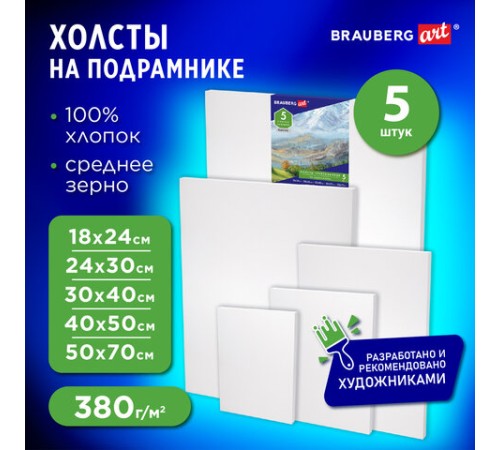 Холсты на подрамнике BRAUBERG ART CLASSIC, НАБОР 5 шт., грунтованные, 100% хлопок, среднее зерно, 190650