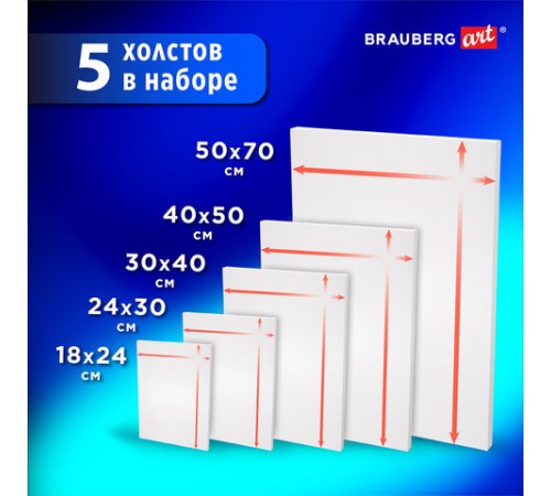 Холсты на подрамнике BRAUBERG ART CLASSIC, НАБОР 5 шт., грунтованные, 100% хлопок, среднее зерно, 190650