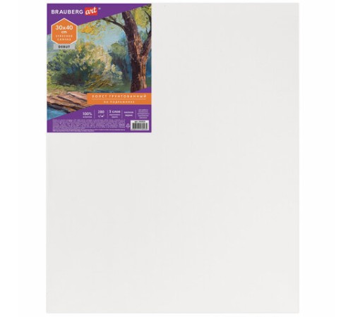 Холст на подрамнике BRAUBERG ART DEBUT, 30х40см, грунтованный, 100% хлопок, мелкое зерно, 191023