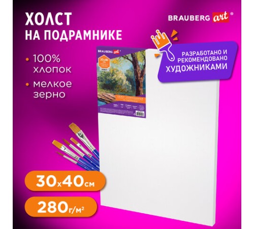 Холст на подрамнике BRAUBERG ART DEBUT, 30х40см, грунтованный, 100% хлопок, мелкое зерно, 191023