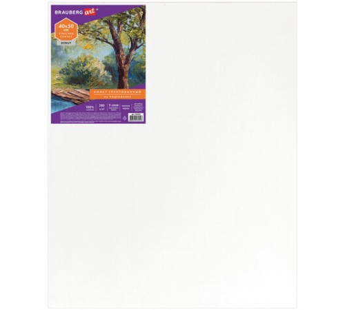 Холст на подрамнике BRAUBERG ART DEBUT, 40х50см, грунтованный, 100% хлопок, мелкое зерно, 191024