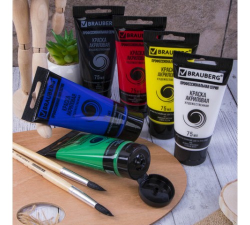 Краски акриловые художественные BRAUBERG ART CLASSIC, НАБОР 6 цветов по 75 мл, в тубах, 191121