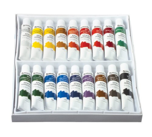 Краски акриловые художественные BRAUBERG ART DEBUT, НАБОР 18 цветов по 12 мл, в тубах, 191126