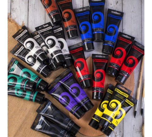 Краски акриловые художественные BRAUBERG ART DEBUT, НАБОР 24 шт. по 75 мл, 8 цветов, в тубах, 191128