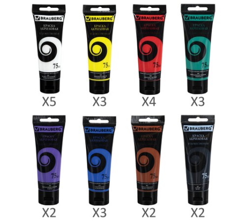 Краски акриловые художественные BRAUBERG ART DEBUT, НАБОР 24 шт. по 75 мл, 8 цветов, в тубах, 191128