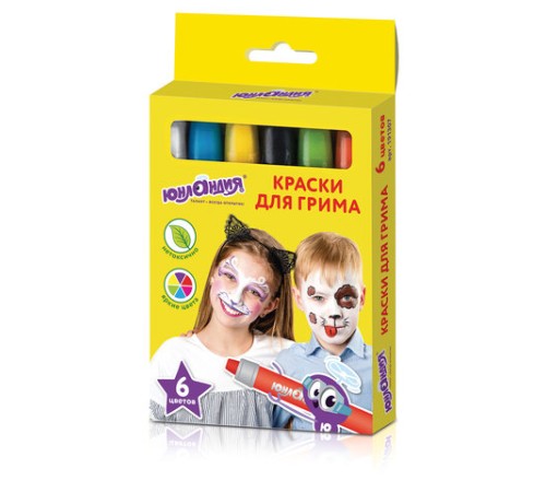 Краски для грима (аквагрим) ЮНЛАНДИЯ, НАБОР 6 цветов, яркие цвета, для лица и тела, смываются водой, 191307