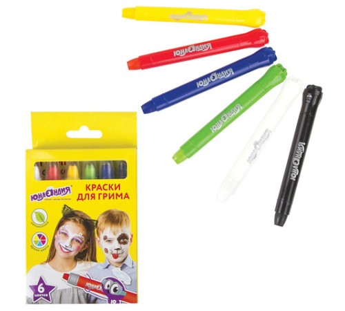 Краски для грима (аквагрим) ЮНЛАНДИЯ, НАБОР 6 цветов, яркие цвета, для лица и тела, смываются водой, 191307