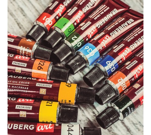 Краски масляные художественные BRAUBERG ART PREMIERE, 12 цв. по 12 мл, в тубах, 191455