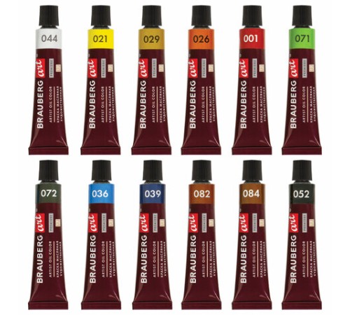 Краски масляные художественные BRAUBERG ART PREMIERE, 12 цв. по 12 мл, в тубах, 191455