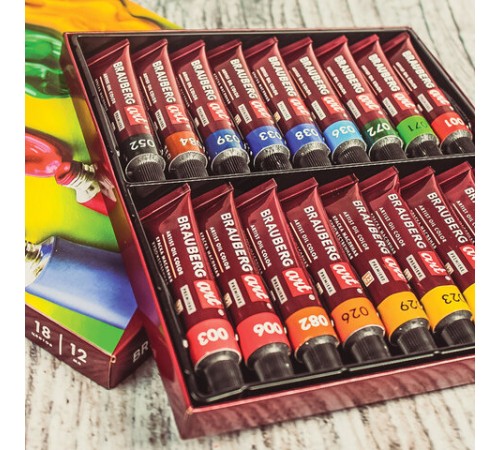 Краски масляные художественные BRAUBERG ART PREMIERE, 18 цв. по 12 мл, в тубах, 191456