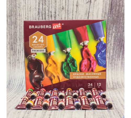 Краски масляные художественные BRAUBERG ART PREMIERE, 24 цв. по 12 мл, в тубах, 191457