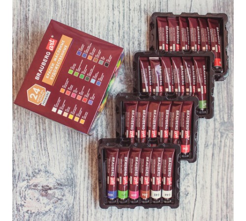 Краски масляные художественные BRAUBERG ART PREMIERE, 24 цв. по 22 мл, в тубах, 191460