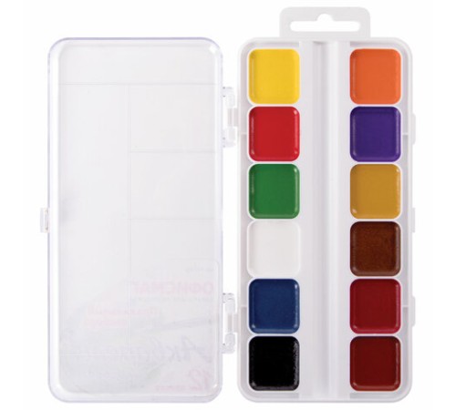 Краски акварельные школьные ОФИСМАГ, 12 цветов, медовые, пластиковая коробка, 191562