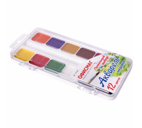 Краски акварельные школьные ОФИСМАГ, 12 цветов, медовые, пластиковая коробка, 191562