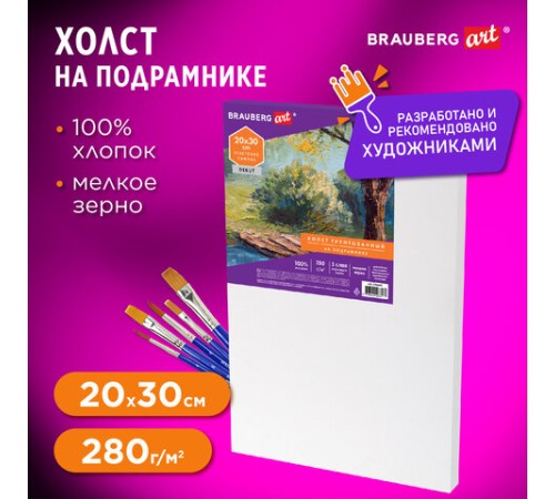 Холст на подрамнике BRAUBERG ART DEBUT, 20х30см, 280 г/м2, грунт, 100% хлопок, мелкое зерно, 191641